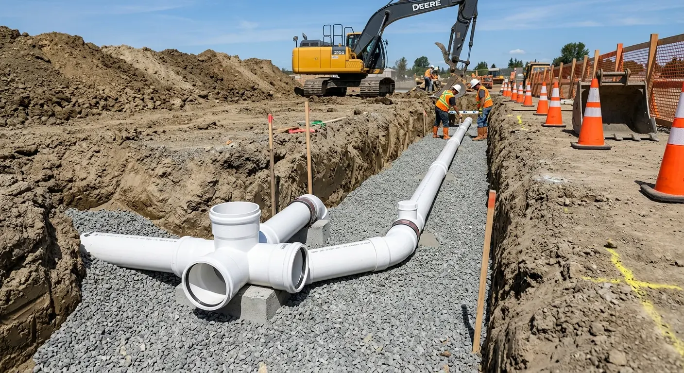 New PVC sewer pipe installation in open trench for Sewer Backup in Hastings