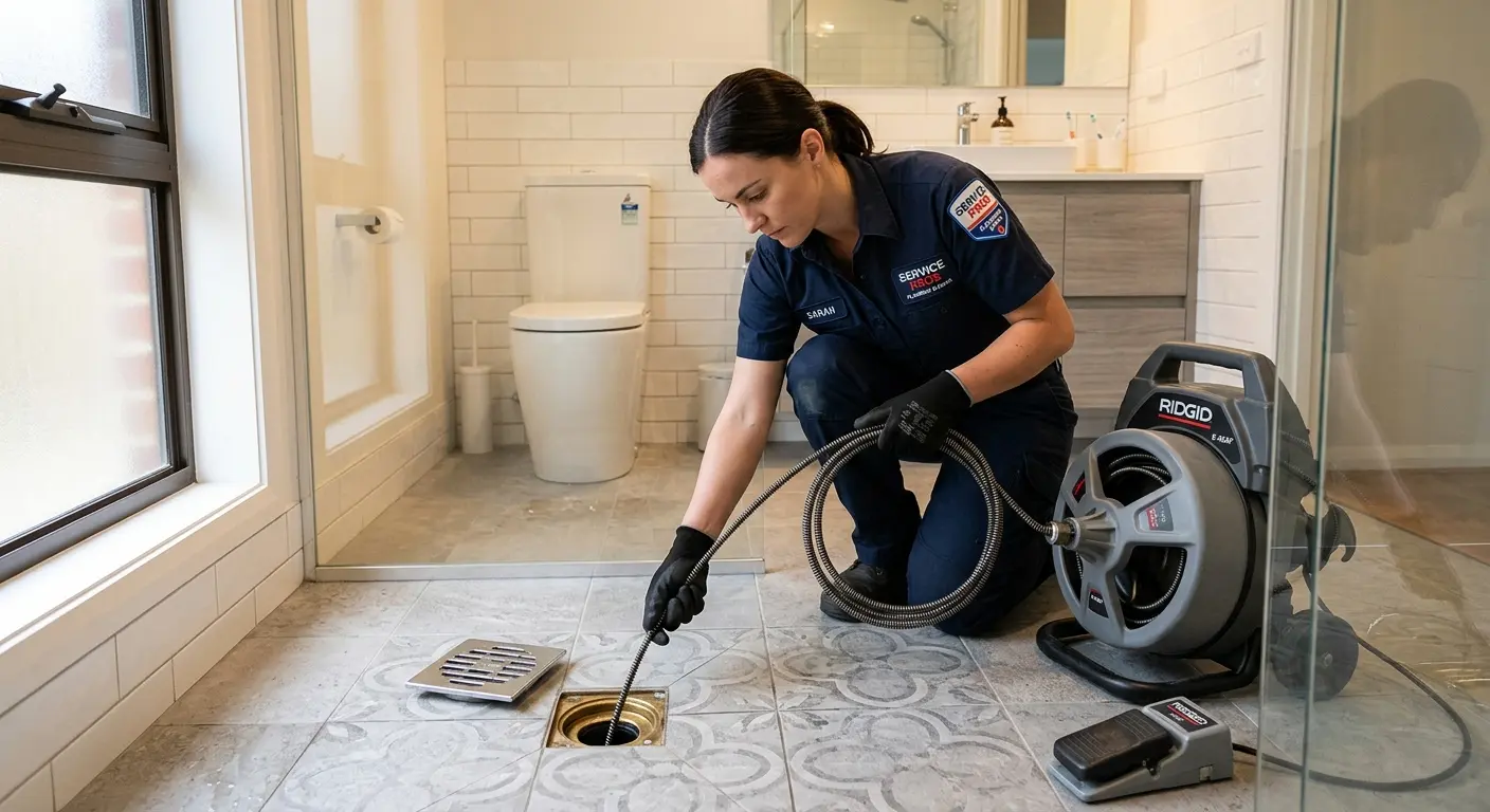 Technician clearing a bathroom floor drain for Drain Cleaning in Hastings
